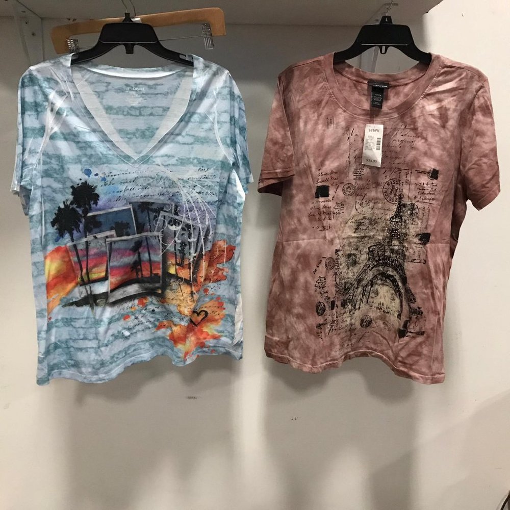NWT Lane Bryant Plus Size Lot 2 Graphic Tops Women's US 14 Short Sleeve Blouse
